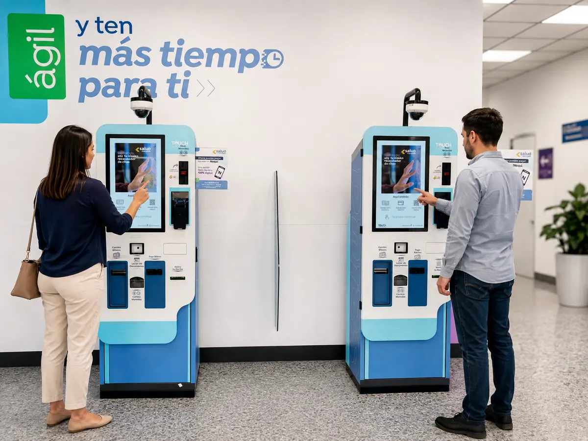 Usuarios pagando y gestionando sus citas en cajeros de autogestión TouchColombia en una sede Colsubsidio