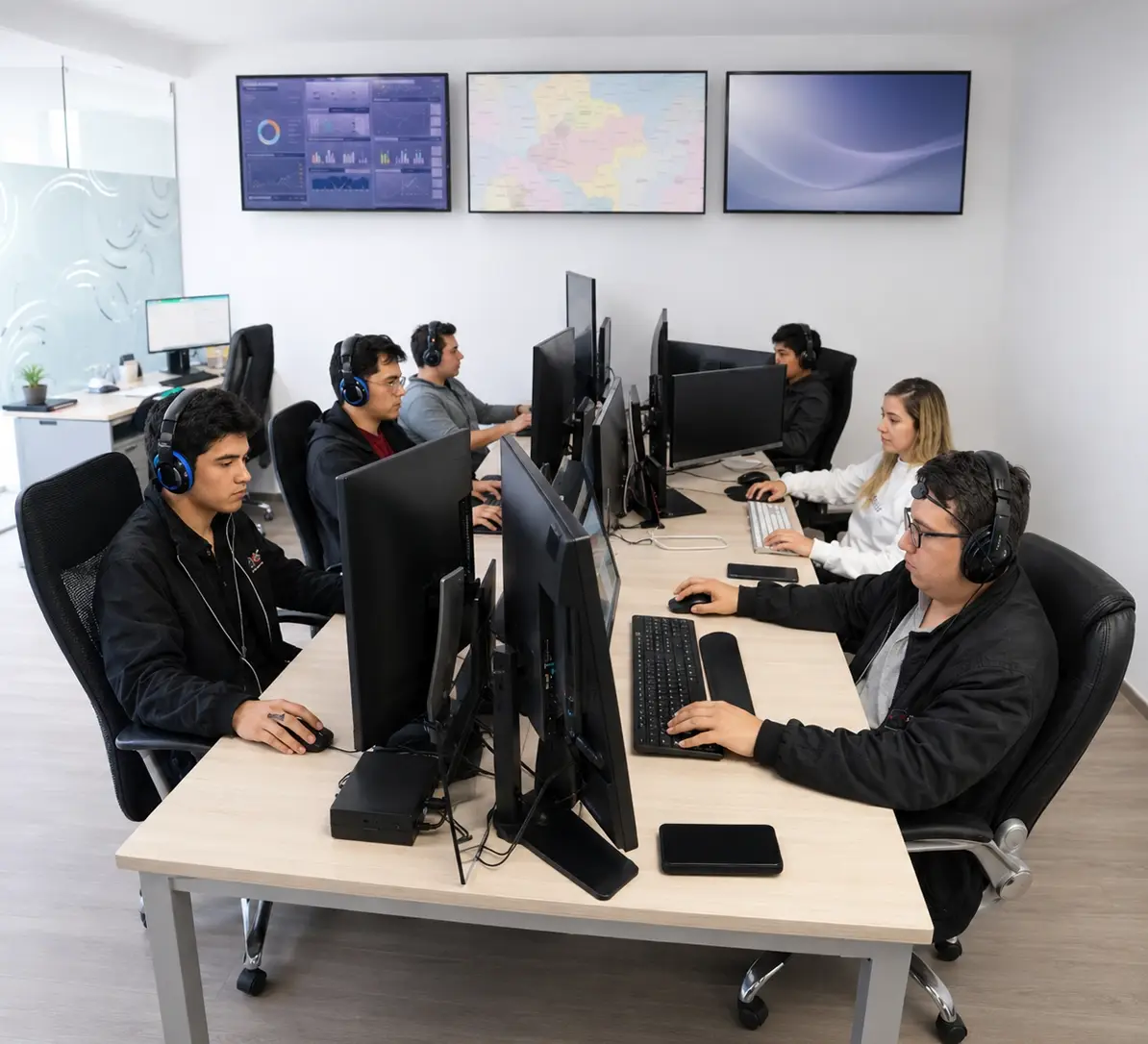 Mesa de ayuda TouchColombia · call center propio con operadores monitoreando la red de kioscos en tiempo real · tableros Power BI, mapa Colombia y monitoreo activo