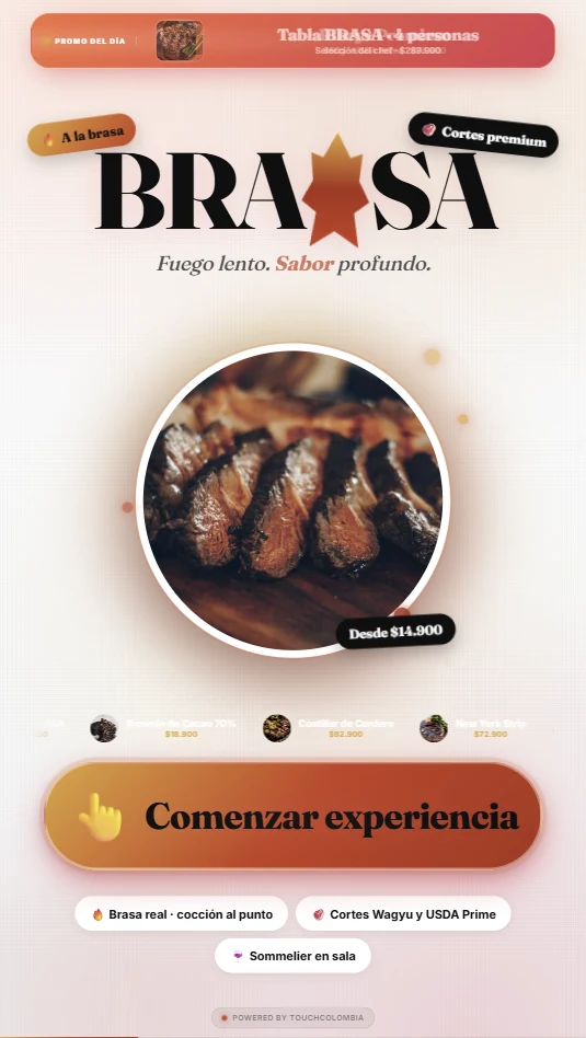 Pantalla de bienvenida del menú BRASA con estética de asador y fotografía de costillas