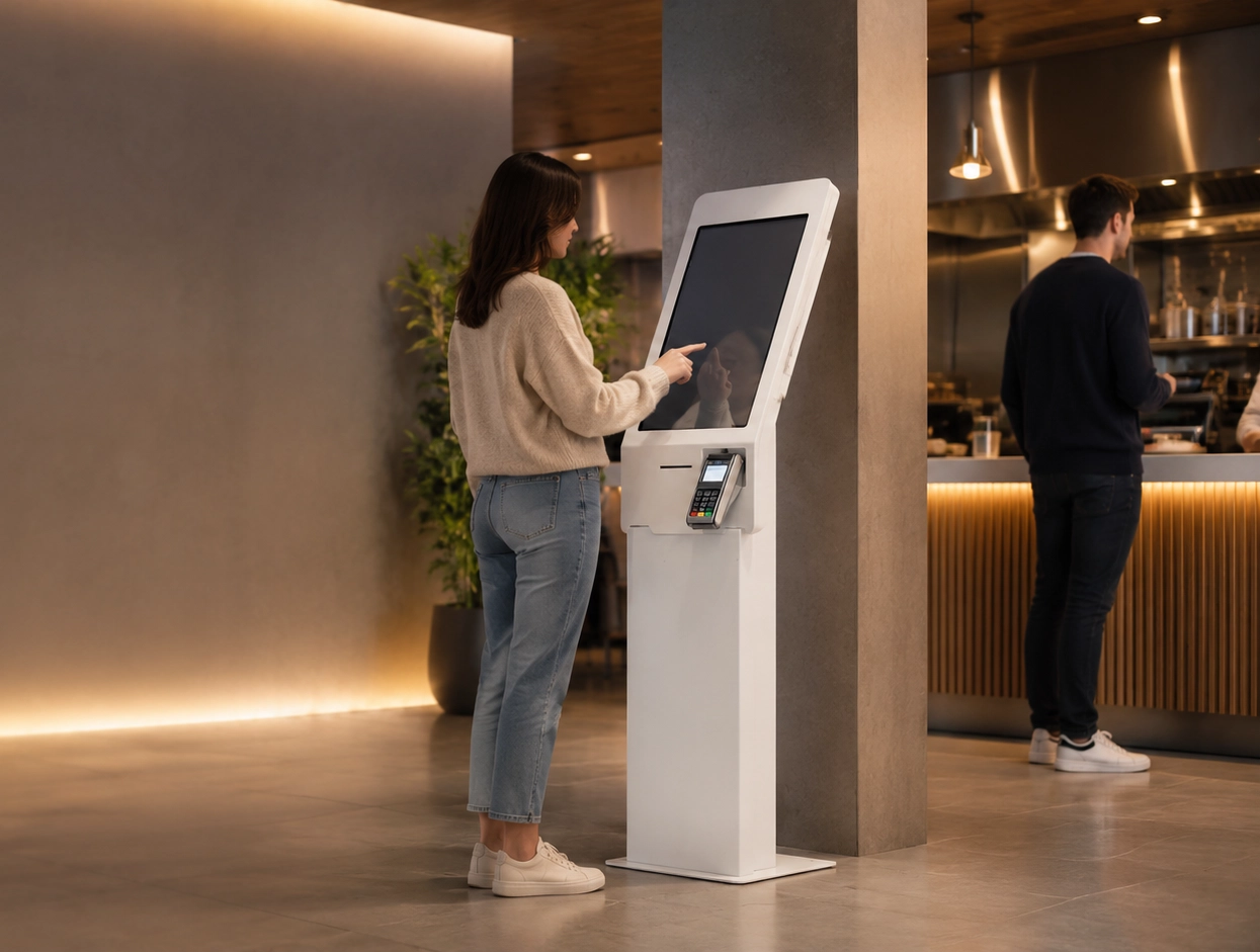 Cliente ordenando en un kiosco de autopedido con pantalla táctil en un restaurante
