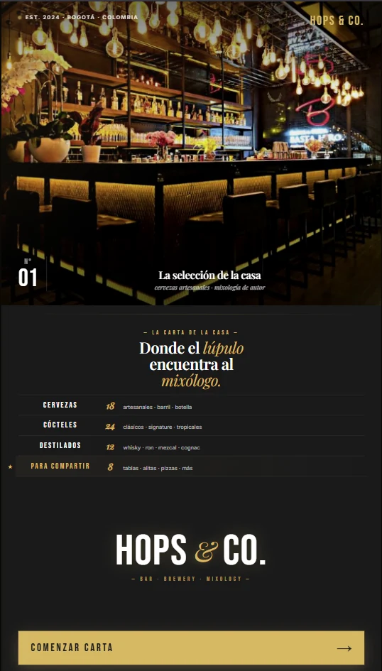 Pantalla de bienvenida del menú HOPS&CO con estética de bar oscuro y dorado