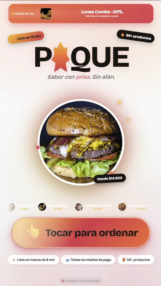 Pantalla del menú POQUE con combo del día y diseño vertical