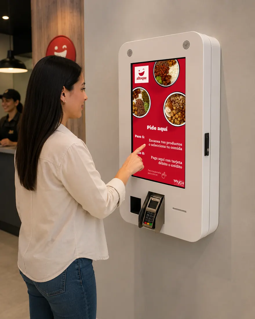Clienta usando kiosco de pared Altoque