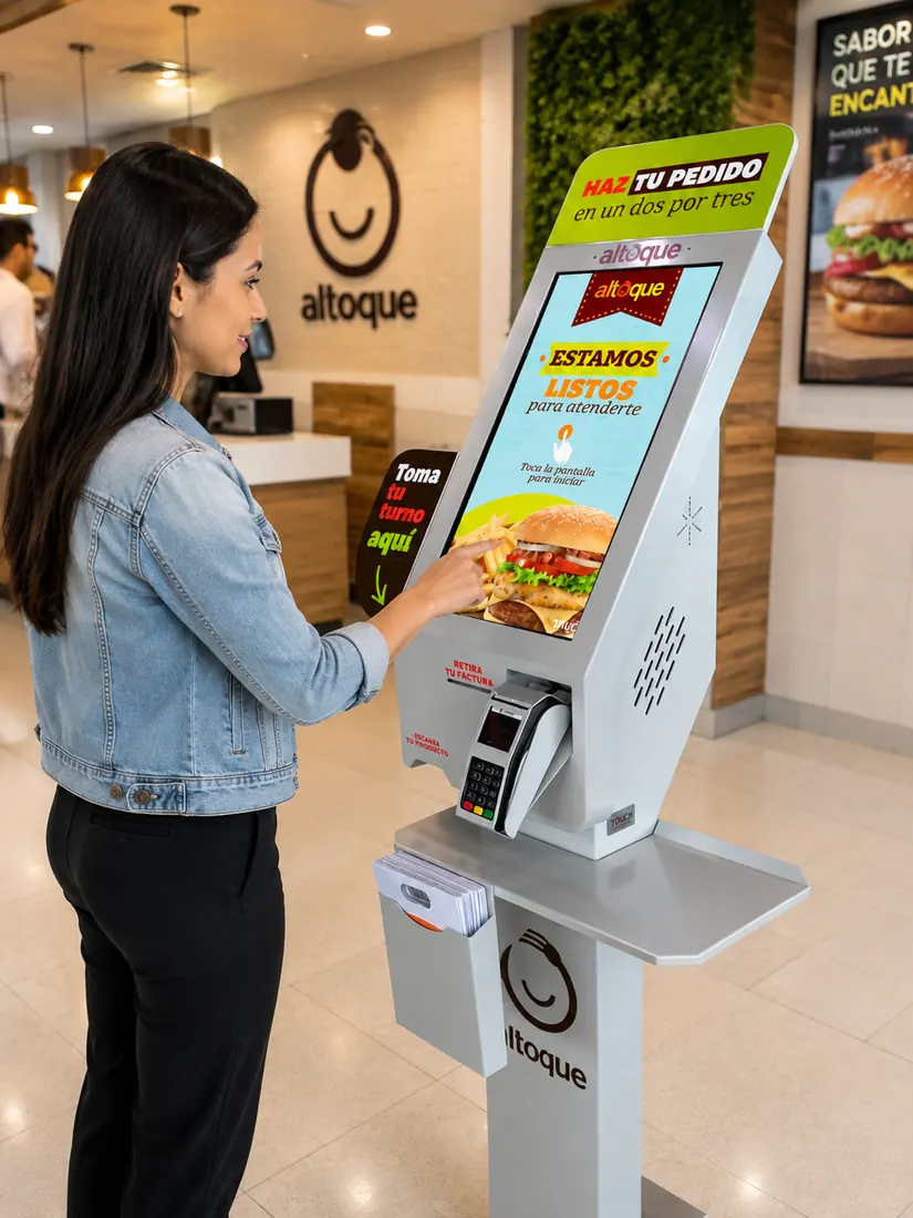 Clienta ordenando en kiosco de pedestal Altoque