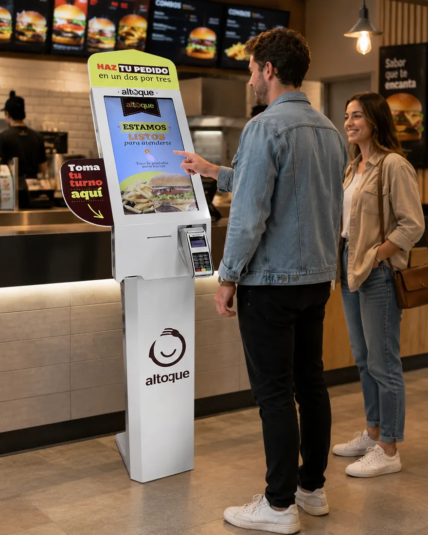 Pareja ordenando en kiosco de piso Altoque en restaurante