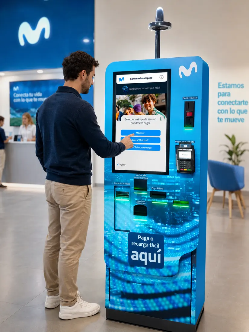 Kiosco de recaudo con branding Telefónica en sucursal