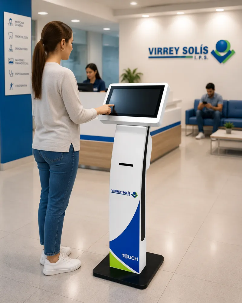 Atril de turnos y autogestión TouchColombia en operación real