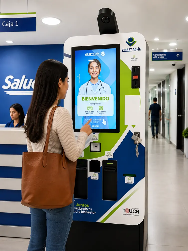 Kiosco de recaudo en efectivo TouchColombia con branding Virrey Solís: billetes, monedas, Nequi y recibo