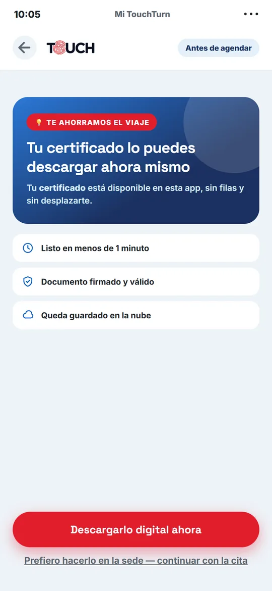 Sugerencia del canal digital antes de agendar en TouchTurn