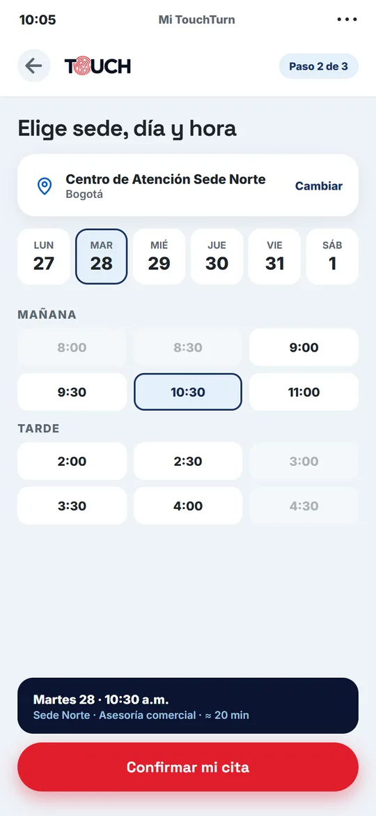 Elección de sede, día y hora para la cita en TouchTurn