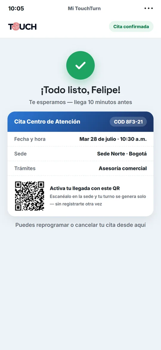 Cita confirmada en la app de citas TouchTurn, con su QR de llegada