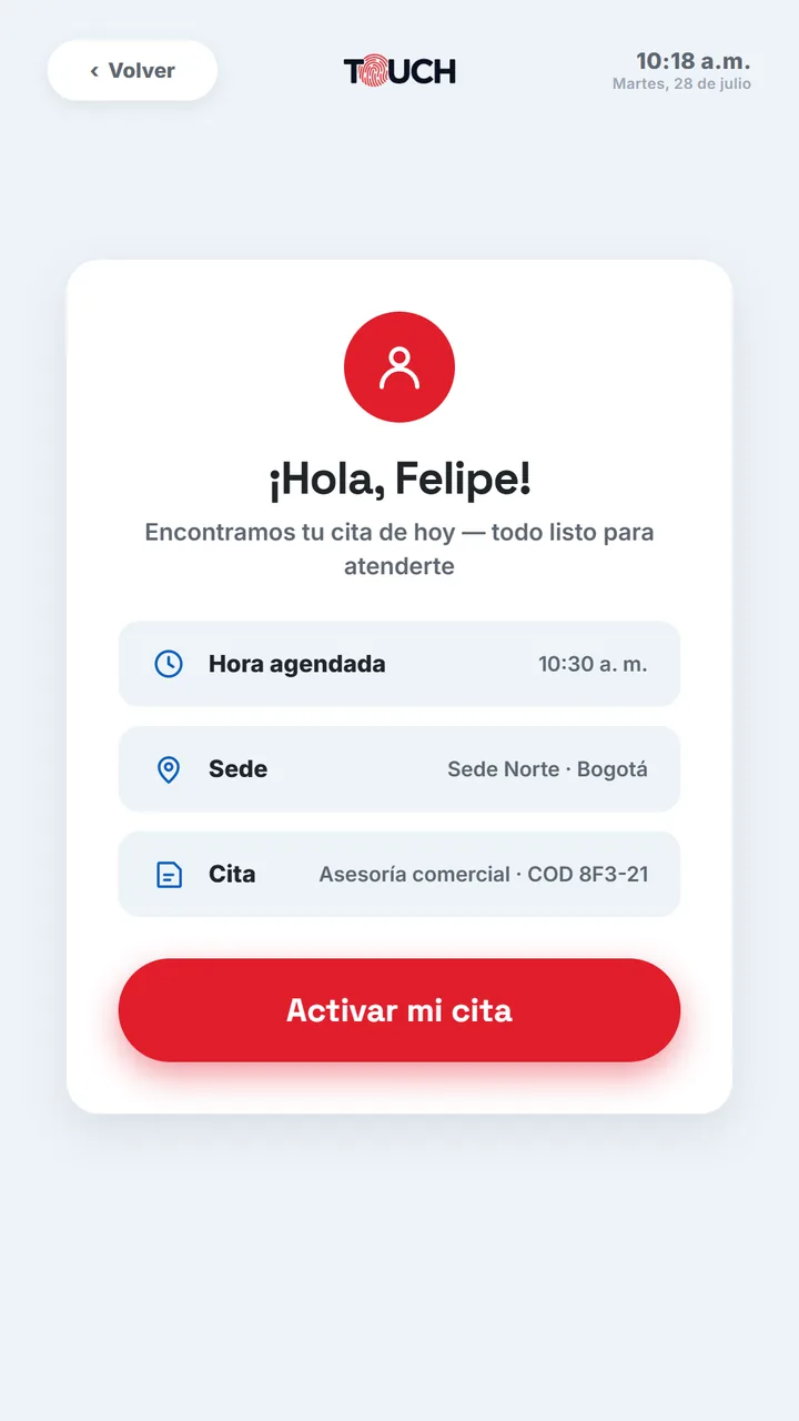 Cita encontrada en el kiosco TouchTurn, lista para activarse