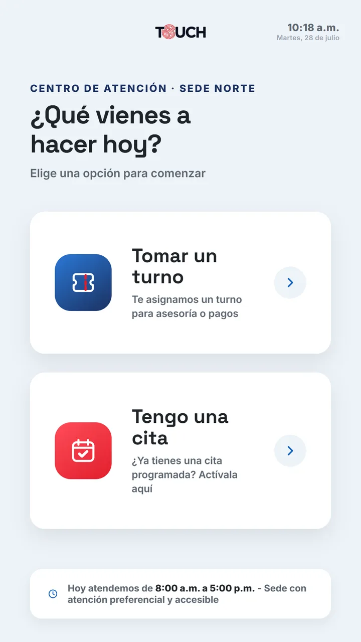 Menú del kiosco TouchTurn: tomar un turno o activar una cita