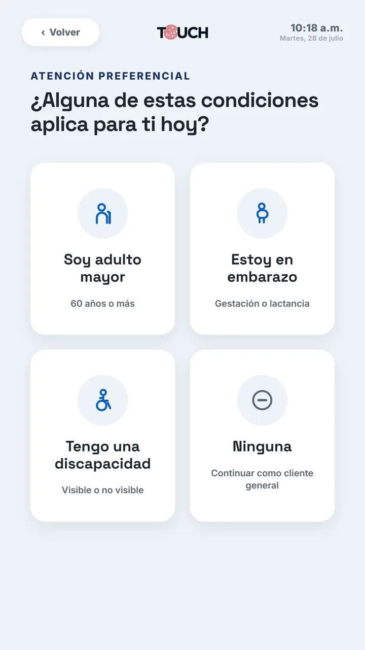 Pantalla de atención preferencial del kiosco TouchTurn