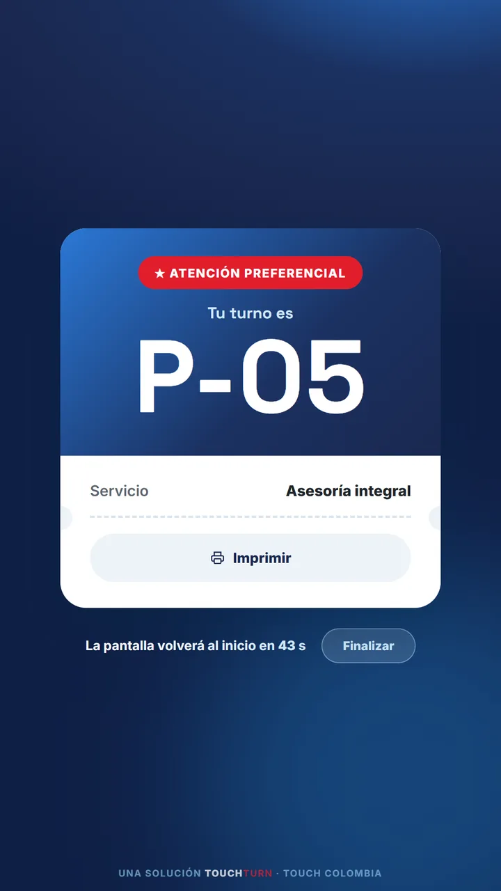 Turno preferencial P-05 emitido en el kiosco TouchTurn